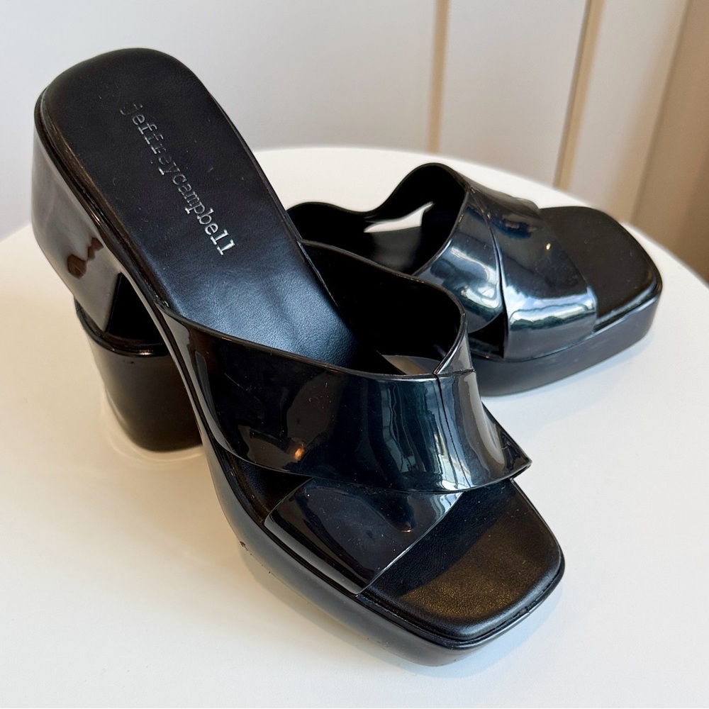 Jeffrey Campbell Black Patent Platform Slide Sandals